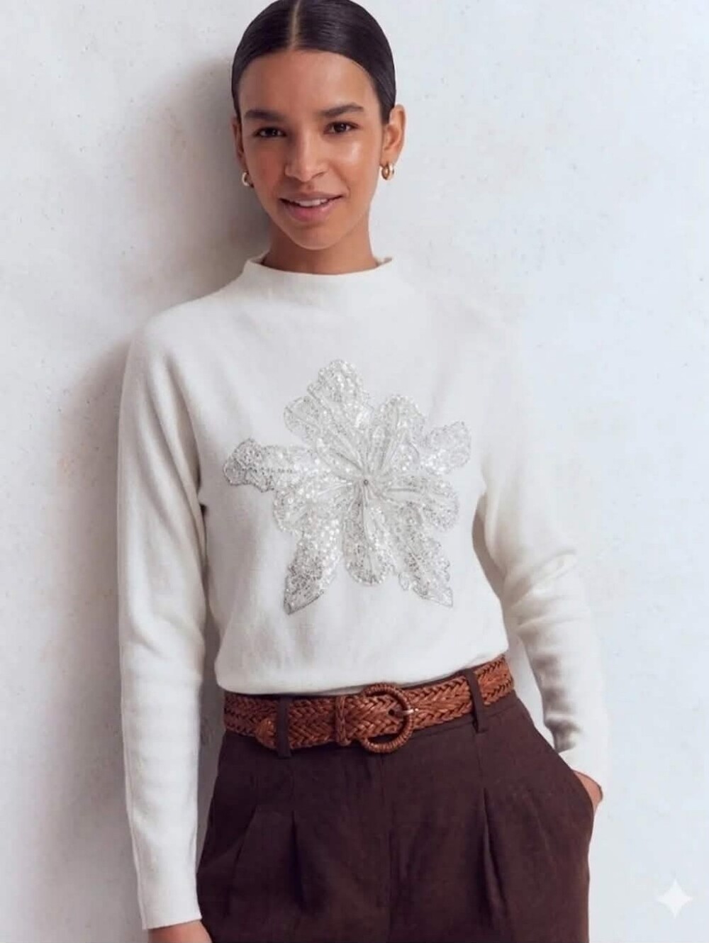 LIV Milano Beaded Flower Eggshell Rhinestone Embellished Crew Neck Sweater